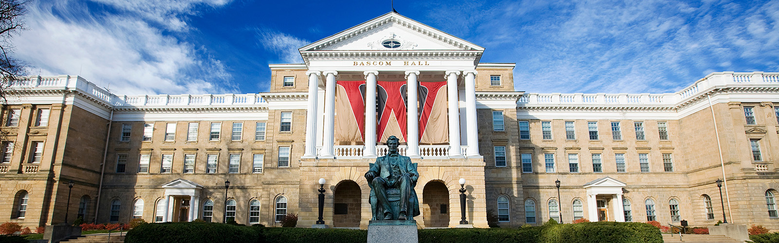 An iconic "W" banner hangs between the columns of Bascom Hall at the University of Wisconsin-Madison on Nov. 10, 2007.
©UW-Madison University Communications 608/262-0067
Photo by: Bryce Richter
Date:  11/07    File#:   D200 digital camera frame 6778